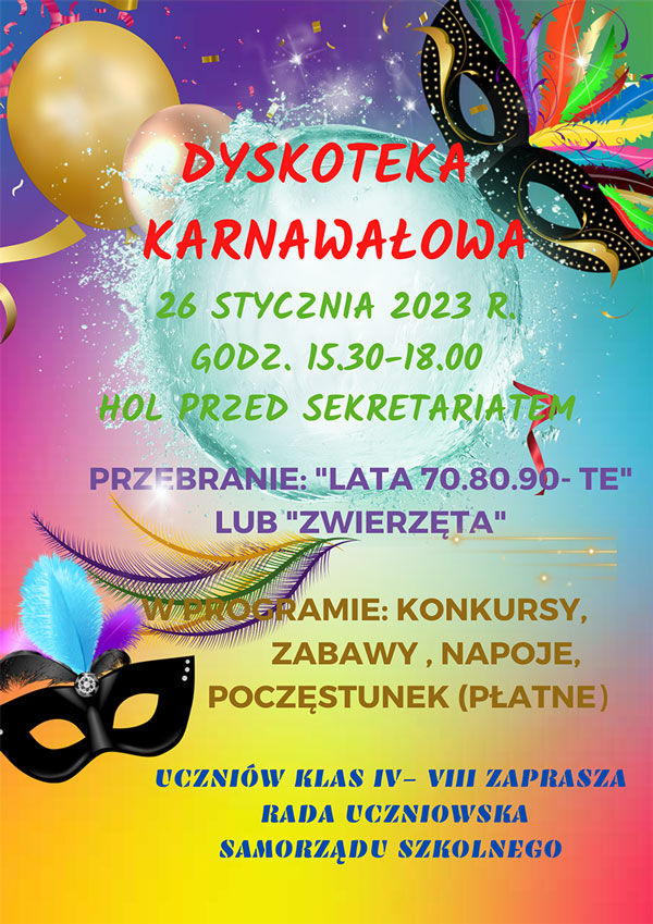 Ogłoszenie o dyskotece szkolnej