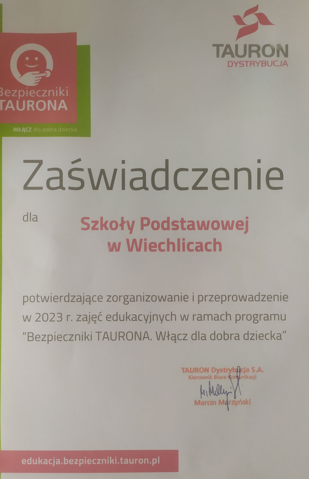 Zaświadczenie  w ramach programu &quot;Bezpieczniki TAURONA. Włącz dla dobra dziecka&quot;